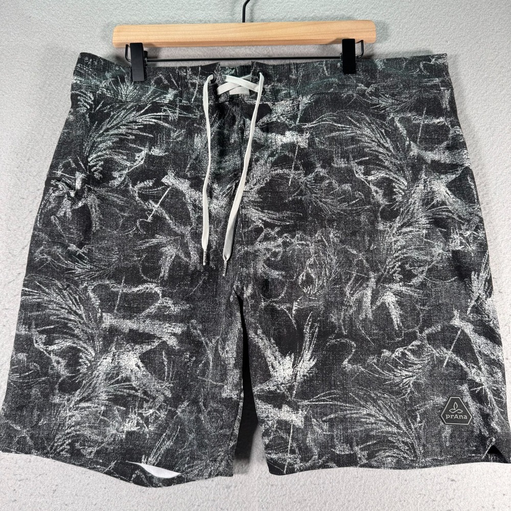 Prana Fenton Board Short Mens 38 Black Swim Trunks Drawstring Tie Waist‎ UPF 50+